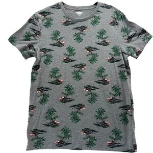 Old Navy Men's M Gray Christmas T-Shirt‎ Santa Surfing Palm Tree Graphic Holiday